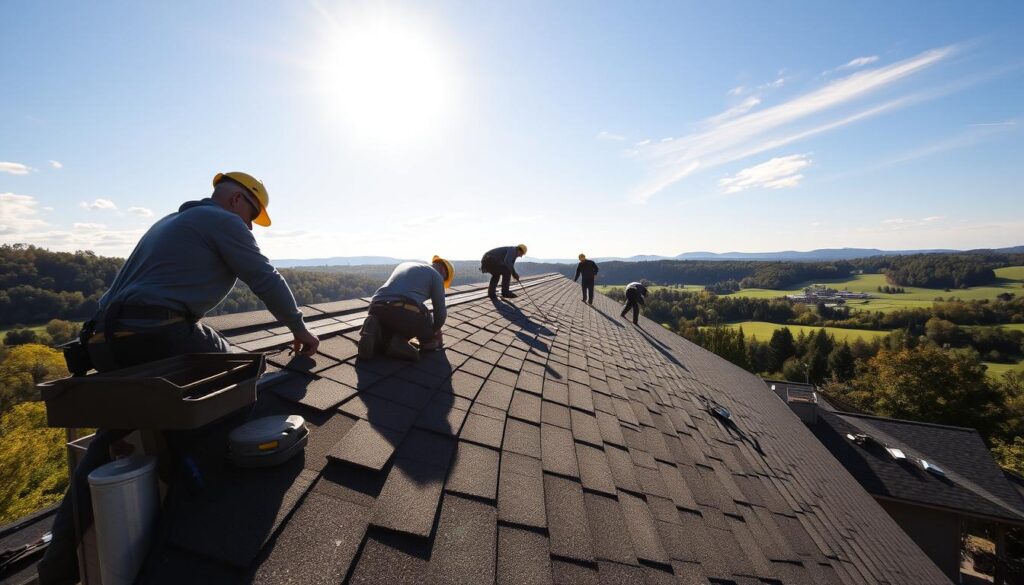 a group of men on a roof